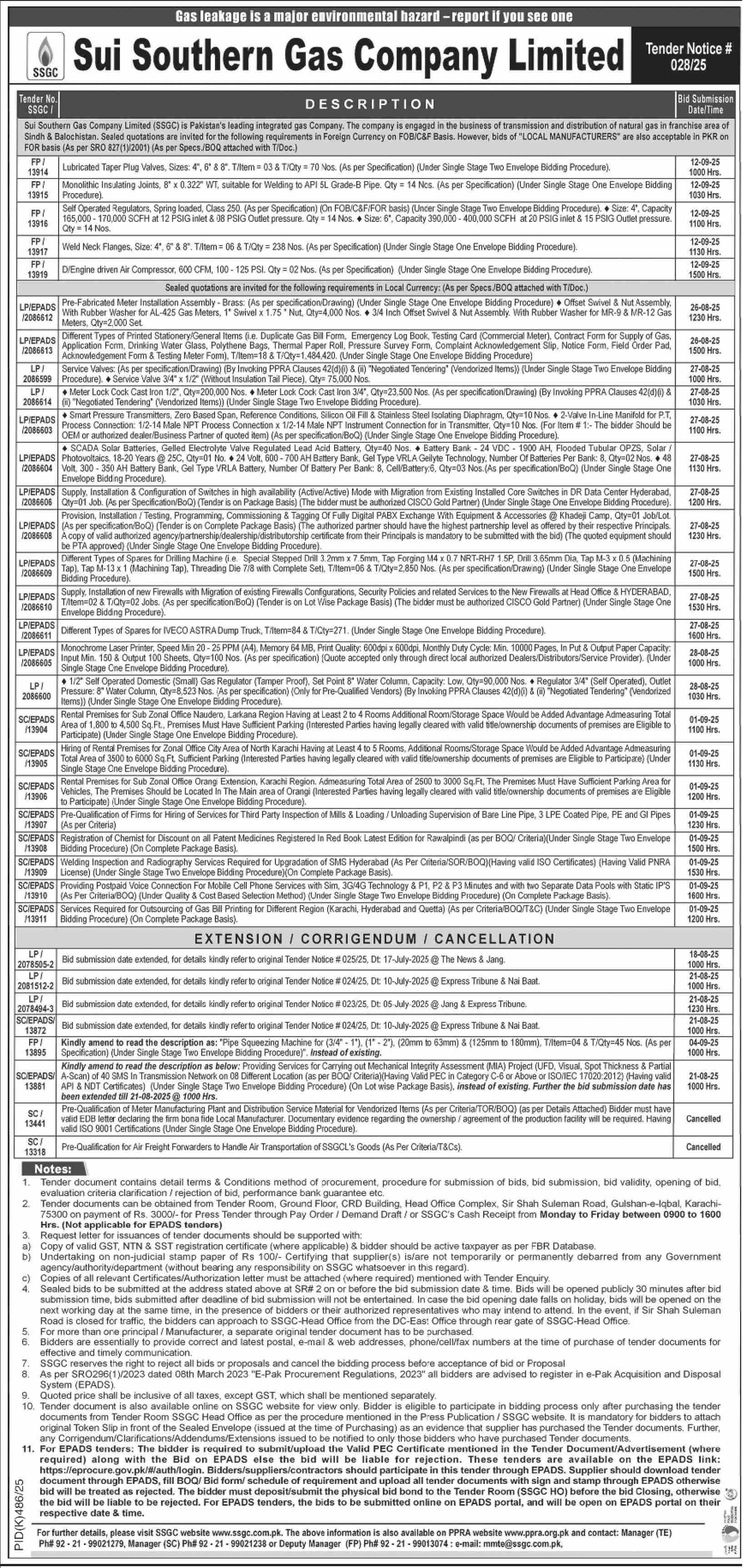 Sui Southern Gas Company Limited Karachi Tender Notice